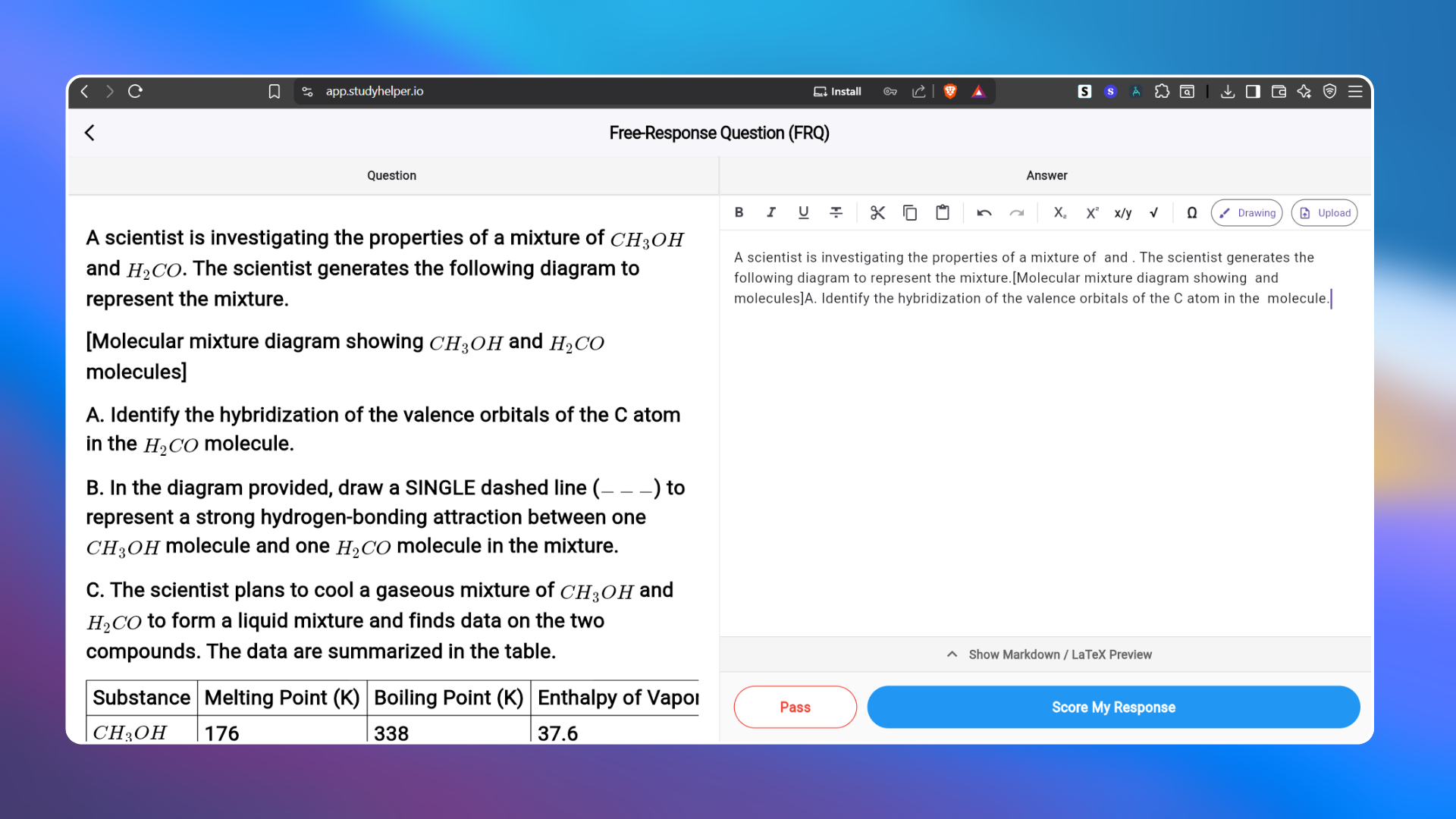 StudyHelper — AI-scored FRQ practice interface